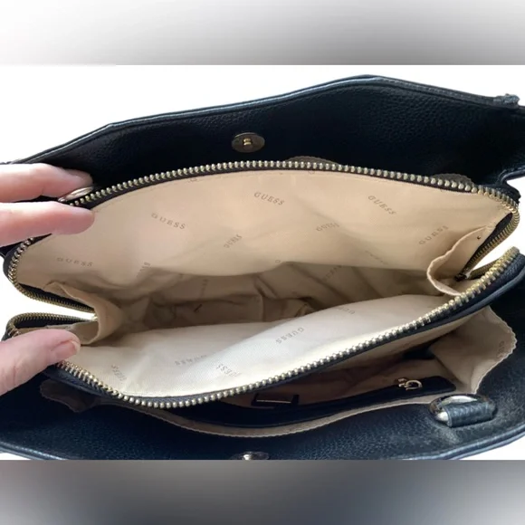 Guess Black Satchel with Gold Accents and Structured Design Handbag Purse Tote - Picture 11 of 14